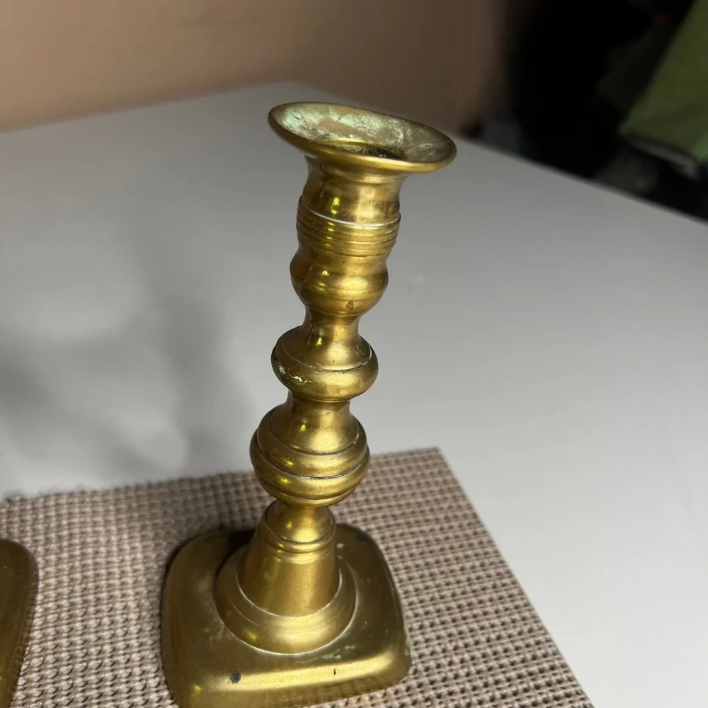 Vintage Solid Brass Candlestick Holders Pair 7 Inch Square Base Traditional Set
